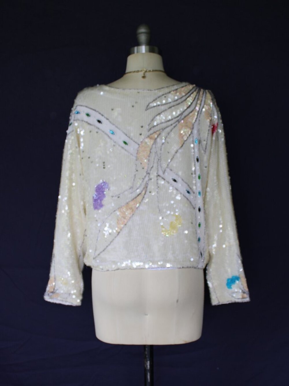 Oleg Cassini vintage 80s sequin beaded opalescent silver silk dress top tunic M - Picture 8 of 11
